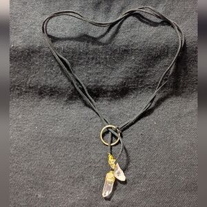 Gold Tone Clear Quartz Crystal Black Suede Cord Front Clasp Pendant Necklace